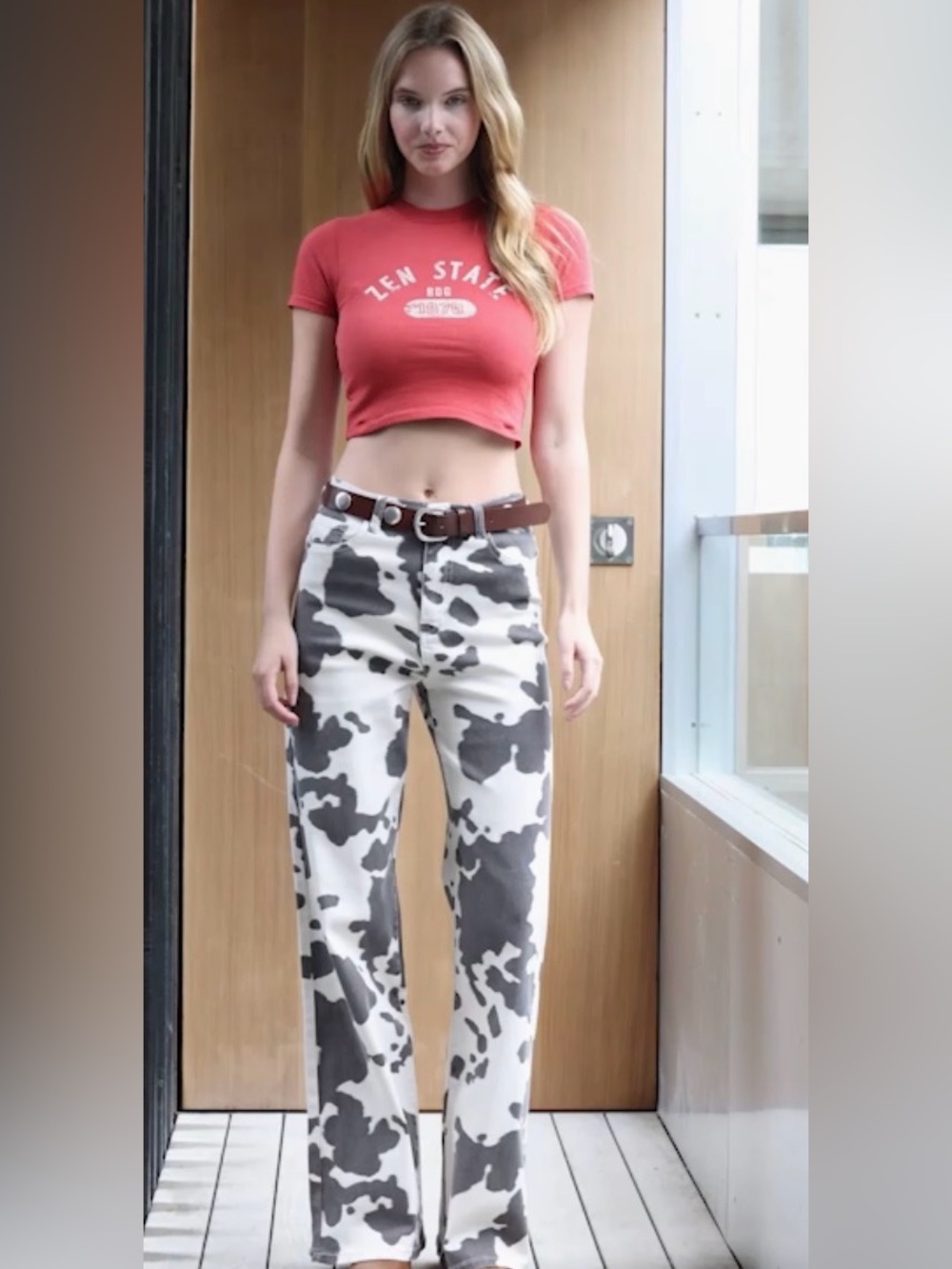 Vibrant Cow Print Wide-Leg Pants - White & Brown - Picture 2 of 4